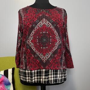 Multiples Red Mixed Pattern Boho Top 1X